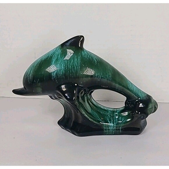 Blue Mountain Pottery Dolphin Figurine Green Drip Glaze Canadian Vintage Decor - Picture 4 of 8
